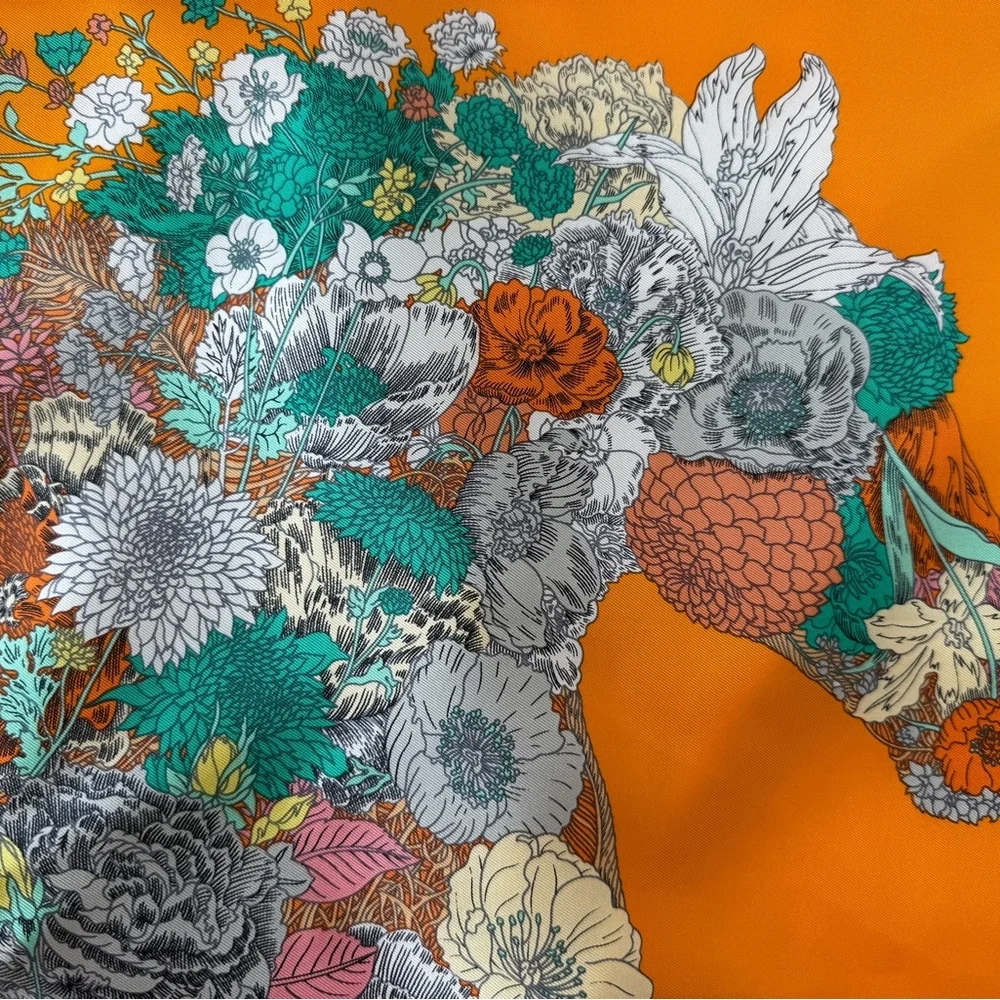 Hermès Robe Leger Carre 90 Floral Horse Silk Scarf in Vibrant Orange